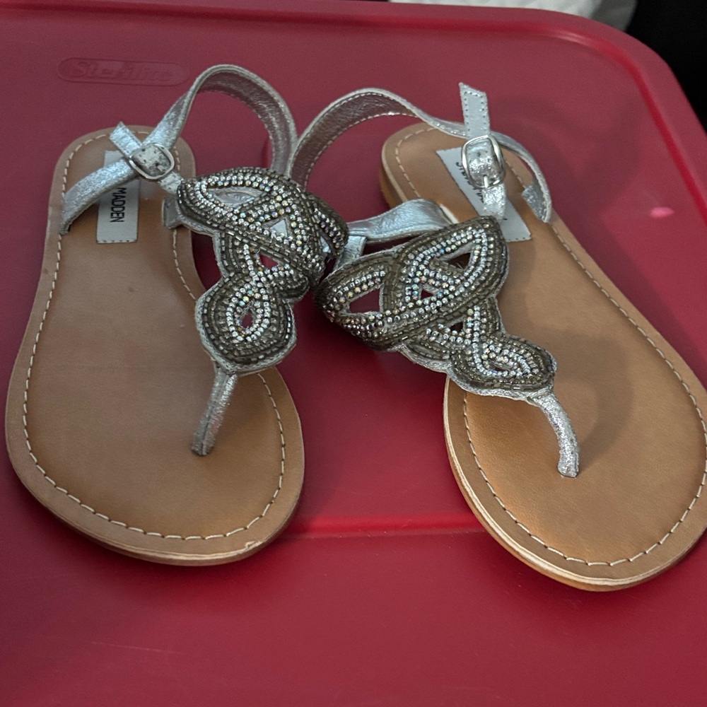 Steve Madden Silver Beaded T-Strap Sandals